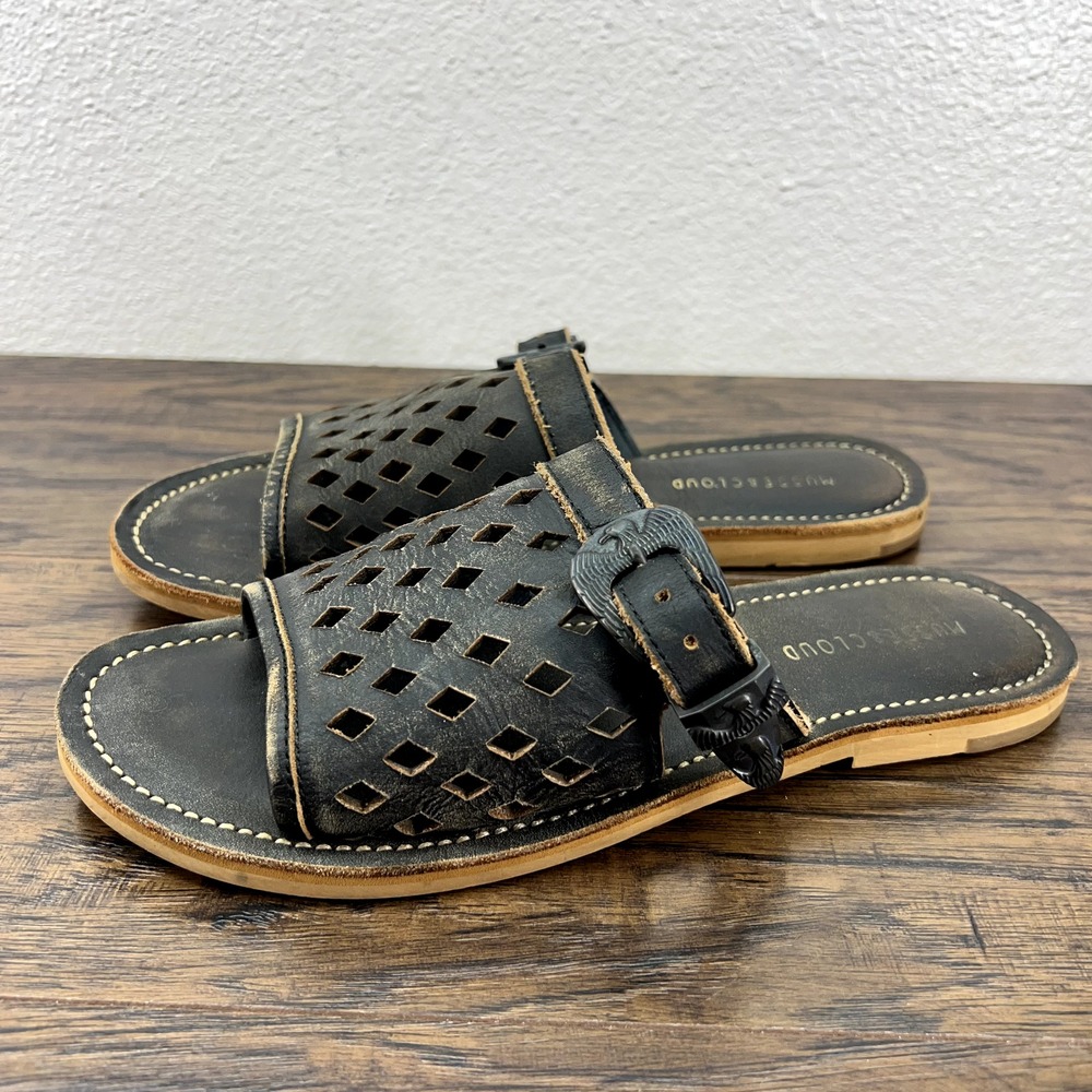Musse & Cloud Womens Size 6 Sandals Brown Leather Perf Buckle Slide Flats EU 37